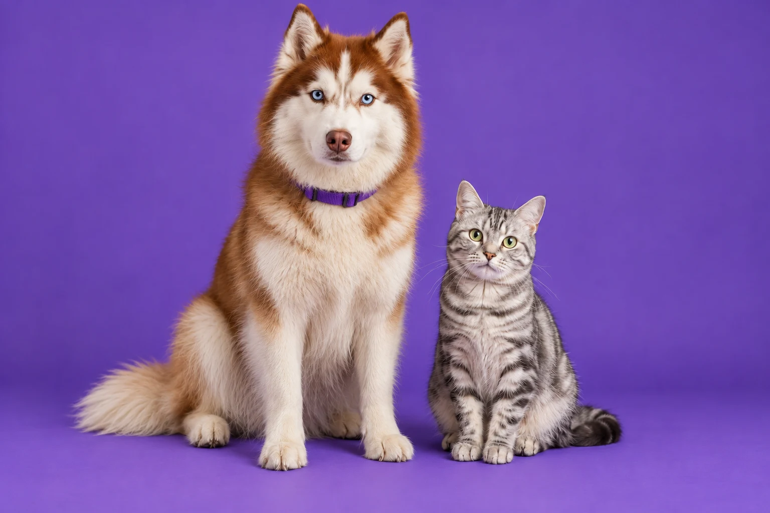 Husky avermelhado de olhos azuis sentado ao lado de um gato tigrado em um cenário roxo